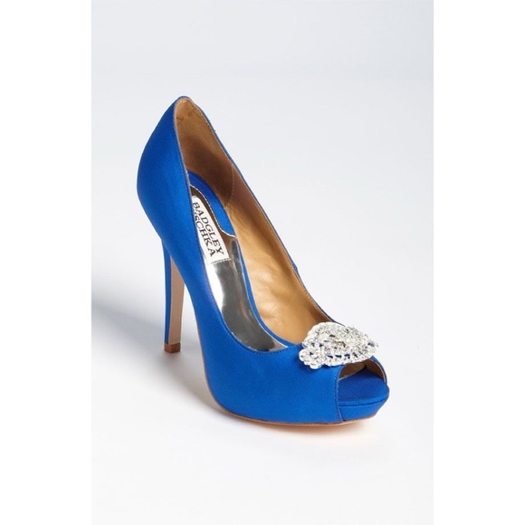 Badgley Mischka • Goodie Peep Toe Pumps satin jeweled Royal Blue Silk crystal - Picture 1 of 13